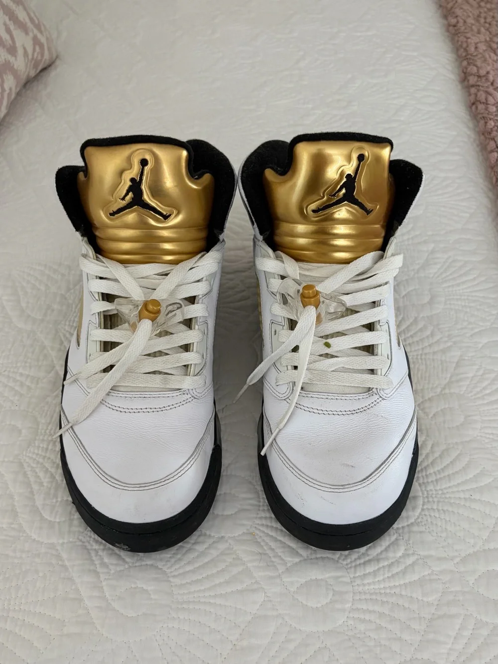 Jordan White and Gold Retro High-Top Sneakers